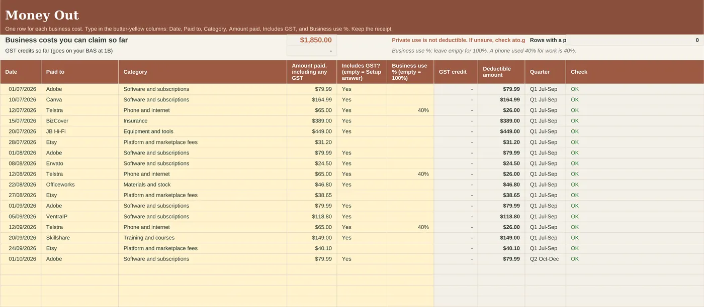 Money Out tab with business costs and claimable amounts