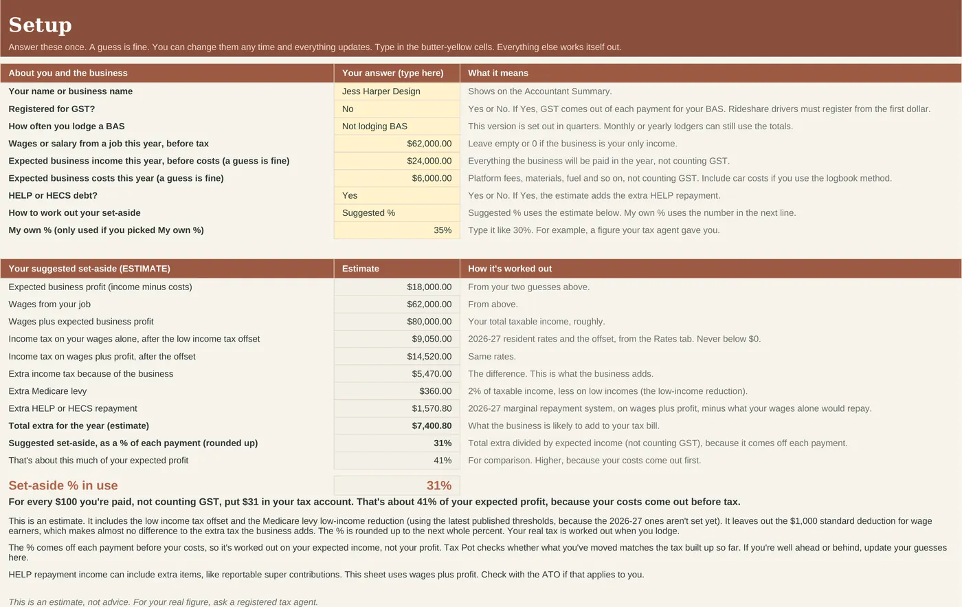 Setup tab with wages, expected income and costs, GST and HELP questions and a suggested percentage