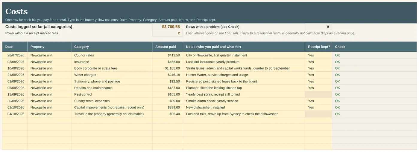 Costs tab with categories in ATO rental schedule order