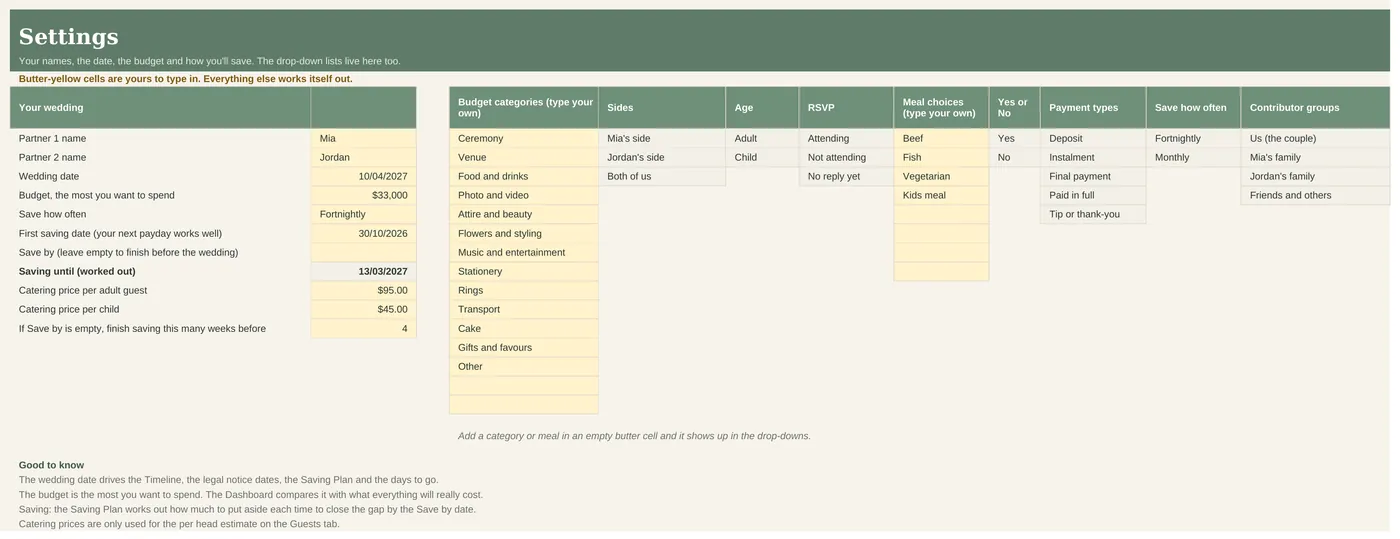 Settings tab with the couple, wedding date, budget and saving frequency