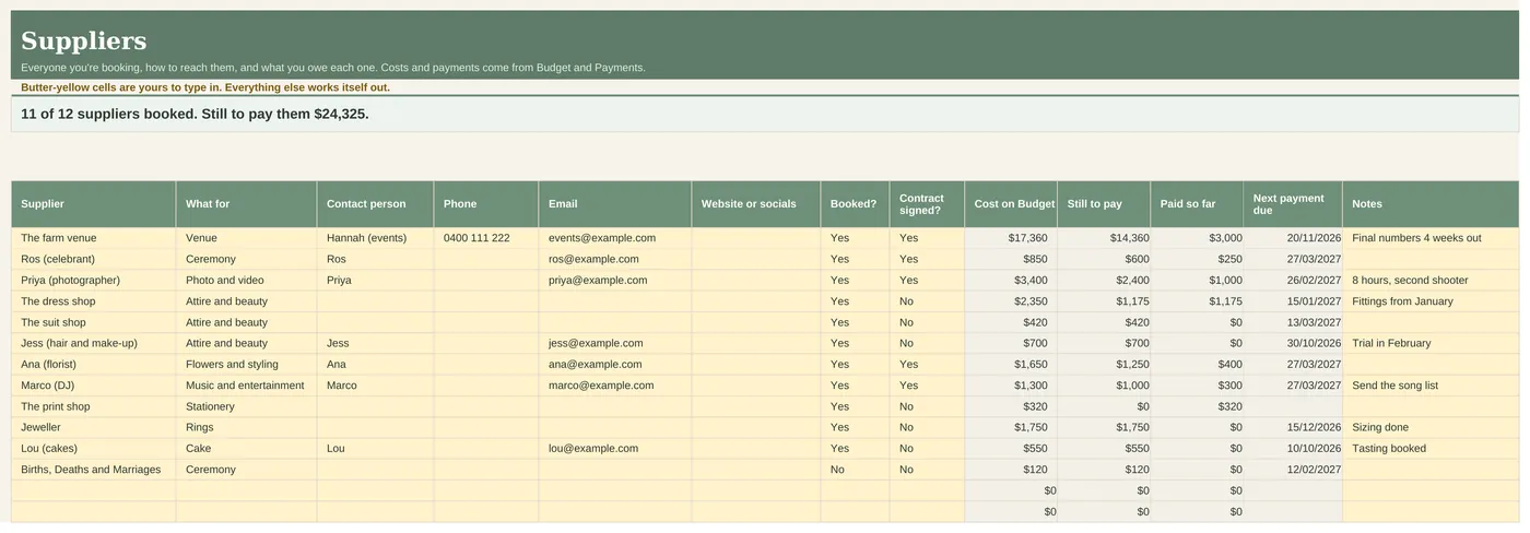 Suppliers tab with contacts and amounts owed