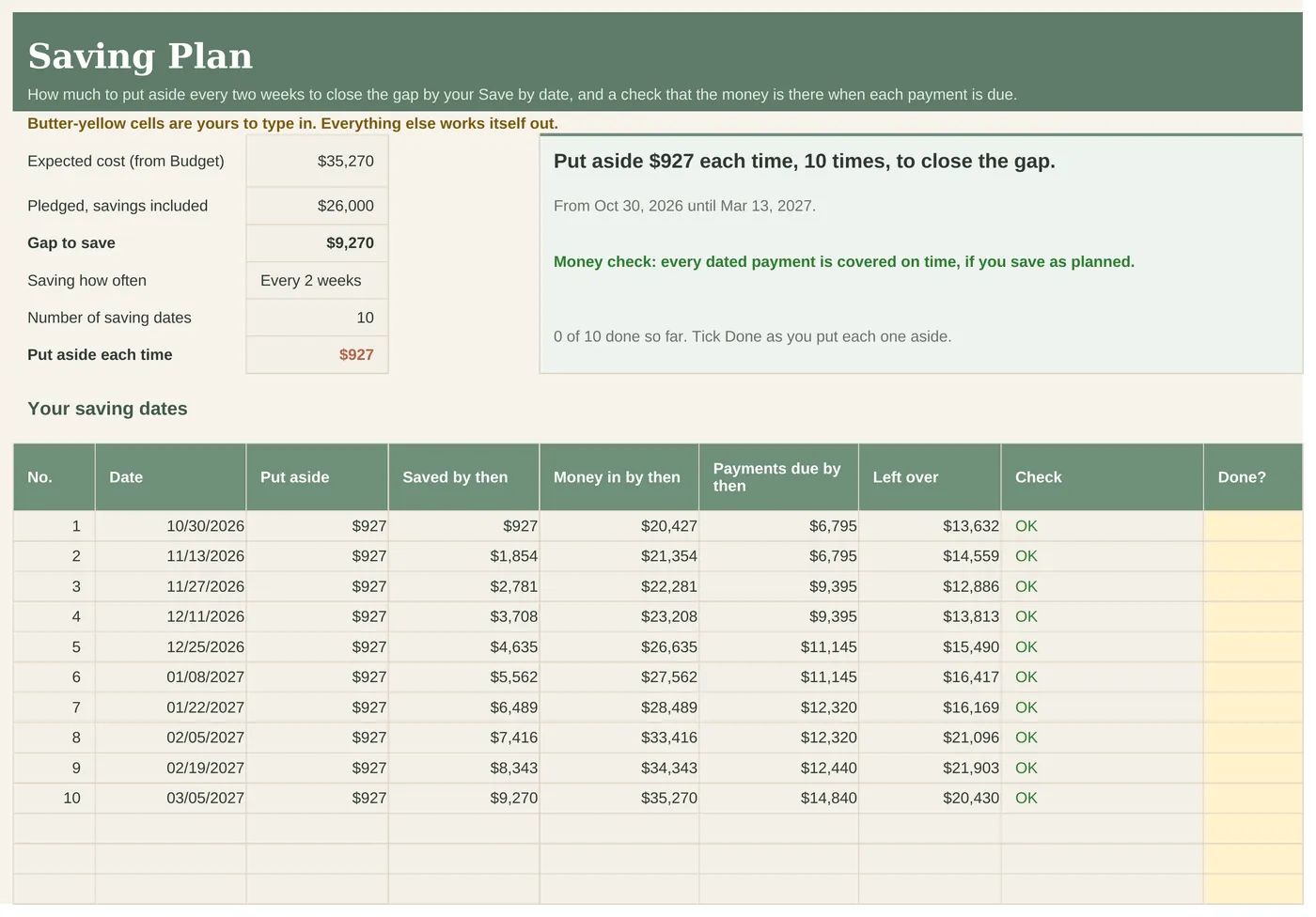 Saving Plan tab with a dated saving schedule and a money check