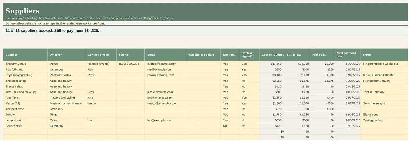 Suppliers tab with contacts and amounts owed