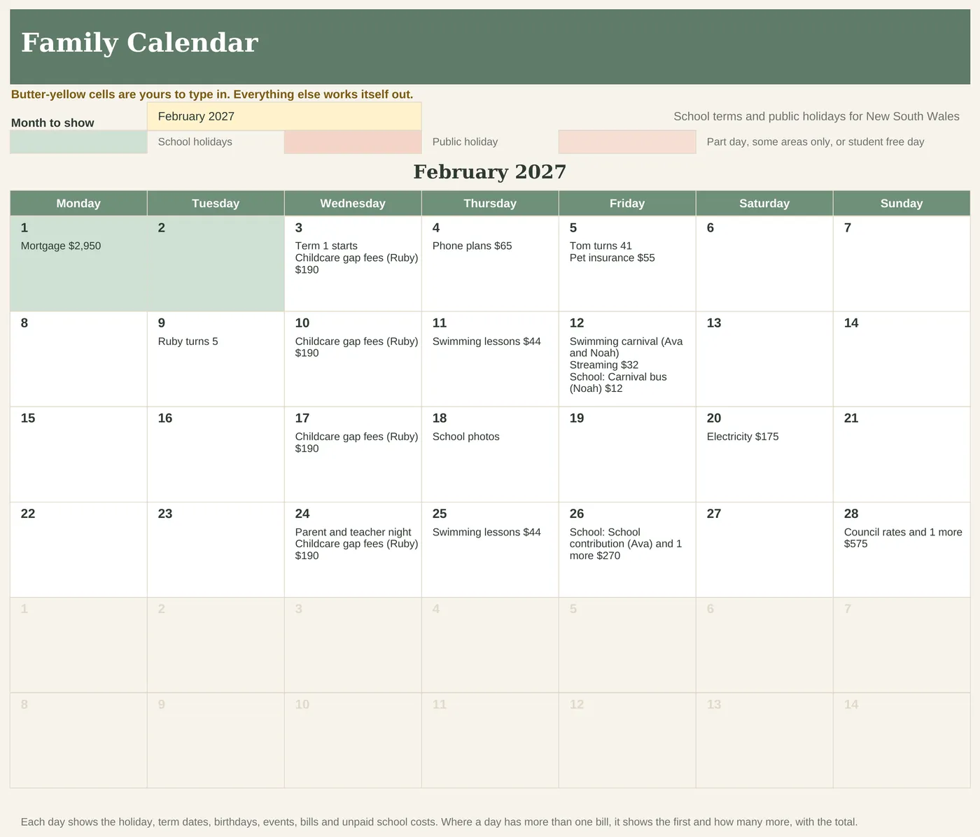Family Calendar tab showing one month with holidays shaded