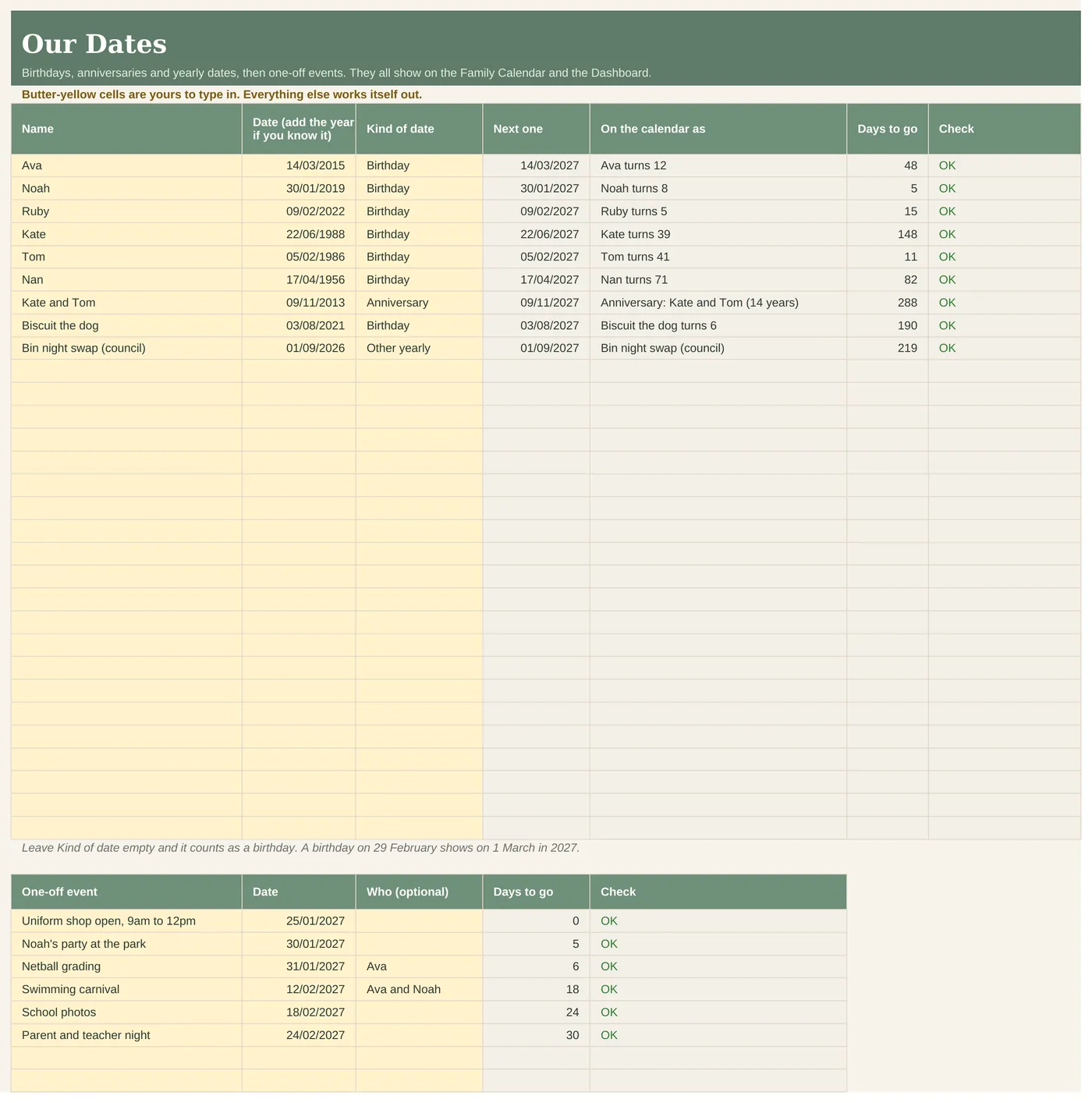 Our Dates tab with birthdays and events