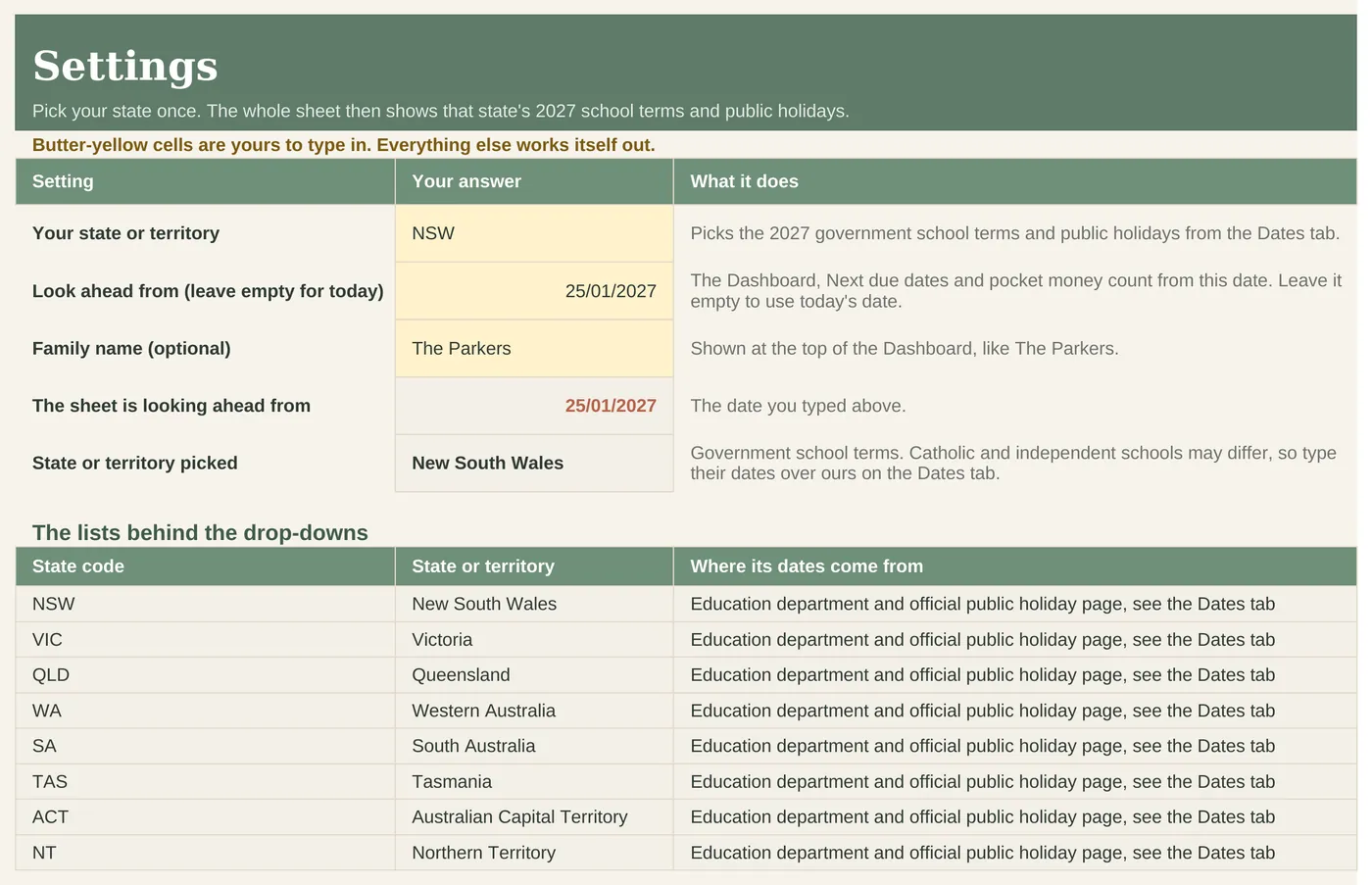 Settings tab with the state picker and family name